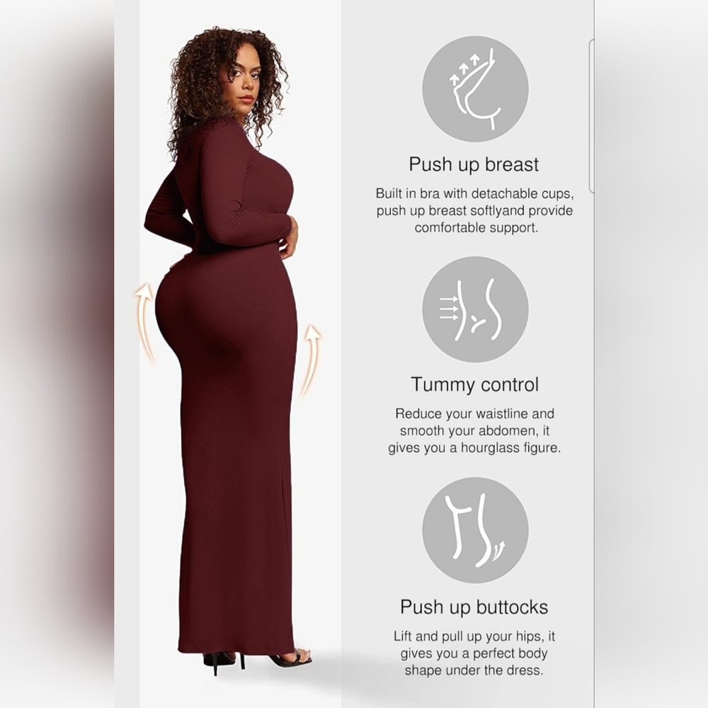 Popilush Women's Dark Red Long Sleeve Shapewear Tummy Control Maxi Dress Size XS - Picture 3 of 10